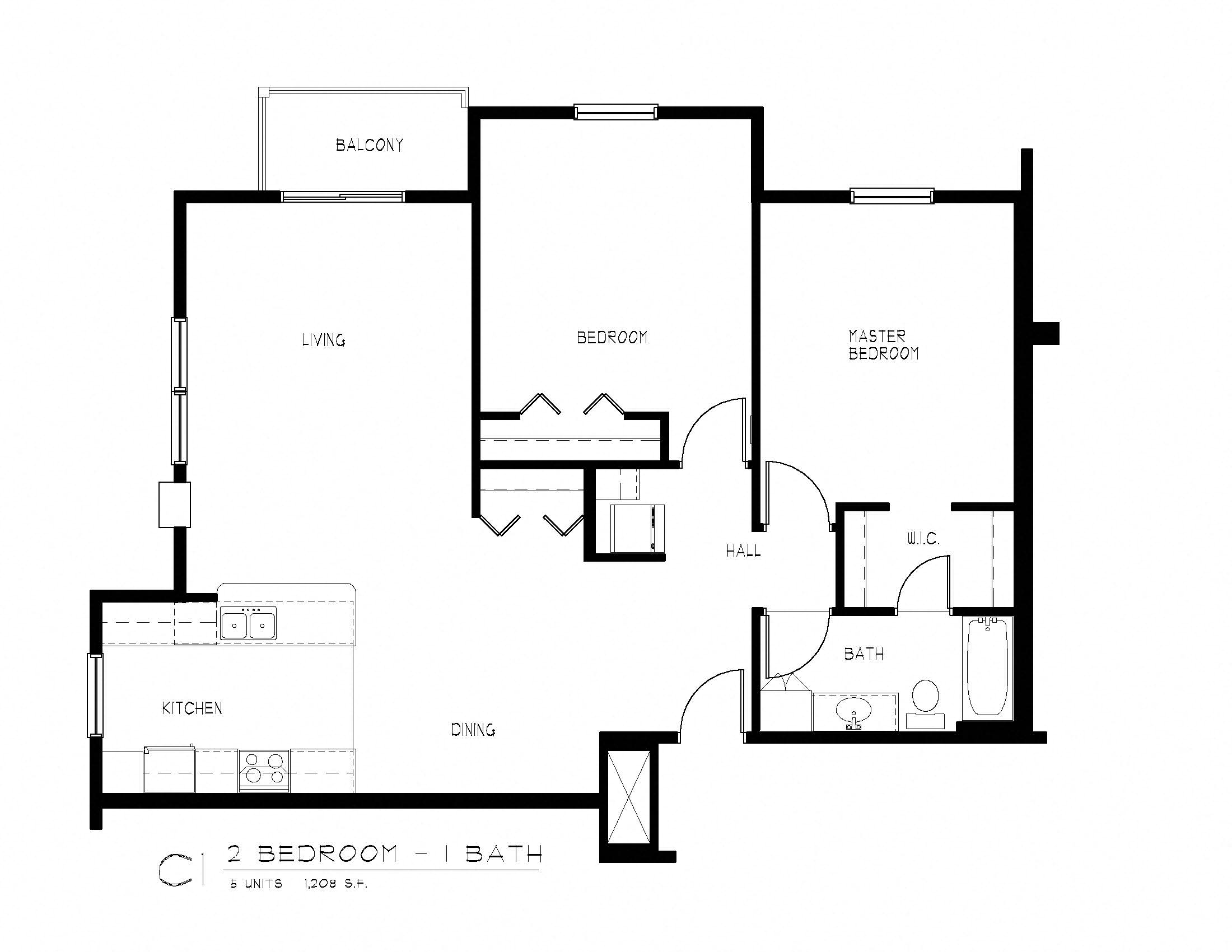 Floor plan for 2 beds, 1 bath, 1208 sqft